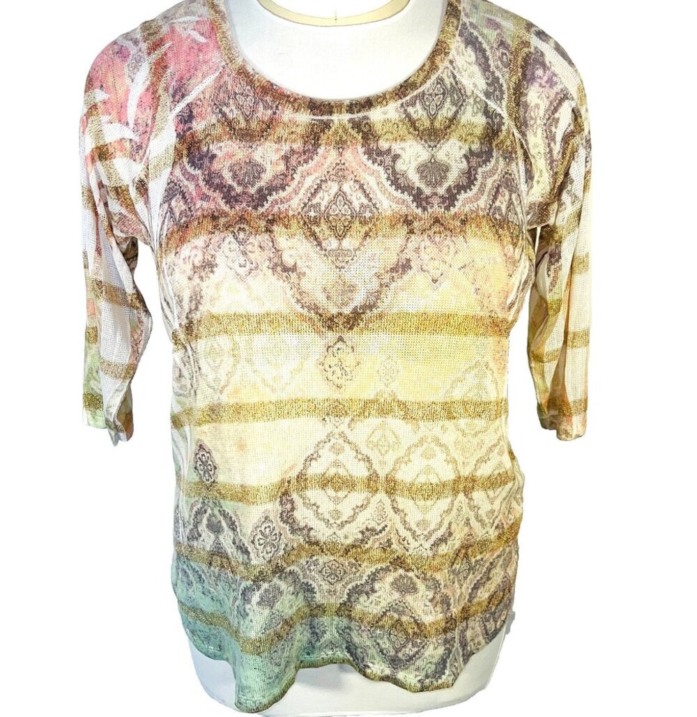 Carole Little Fine Knit Sweater Women's 3X Gold Stripe Accent Semi Sheer